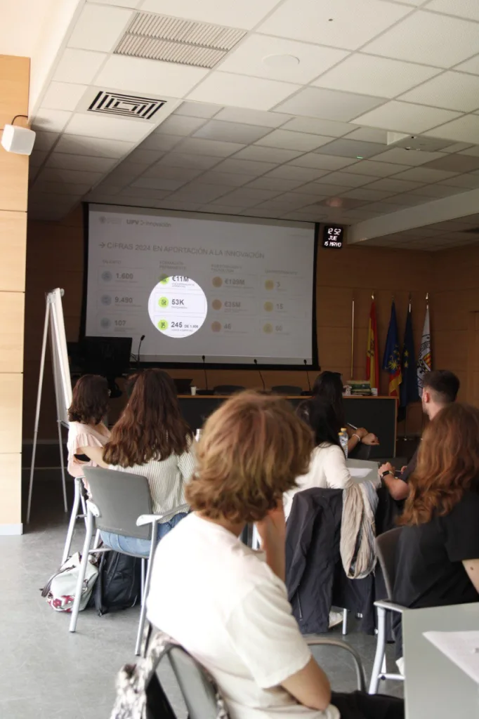 Estudiantes en el aula ante una pantalla que muestra las cifras de 2024 de la UPV en aportación a la innovación